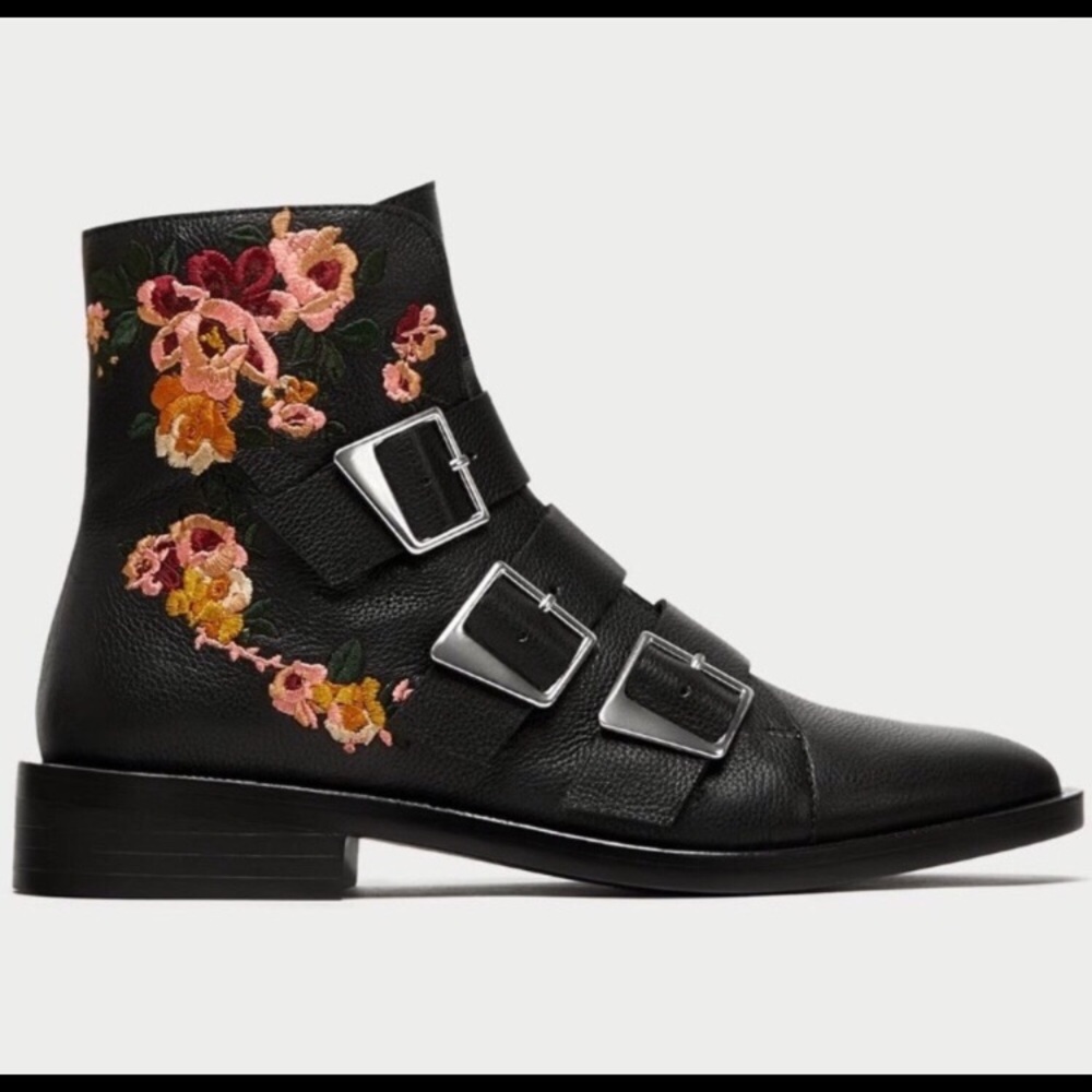 Zara Genuine Leather Floral Embroidery Combat Boot